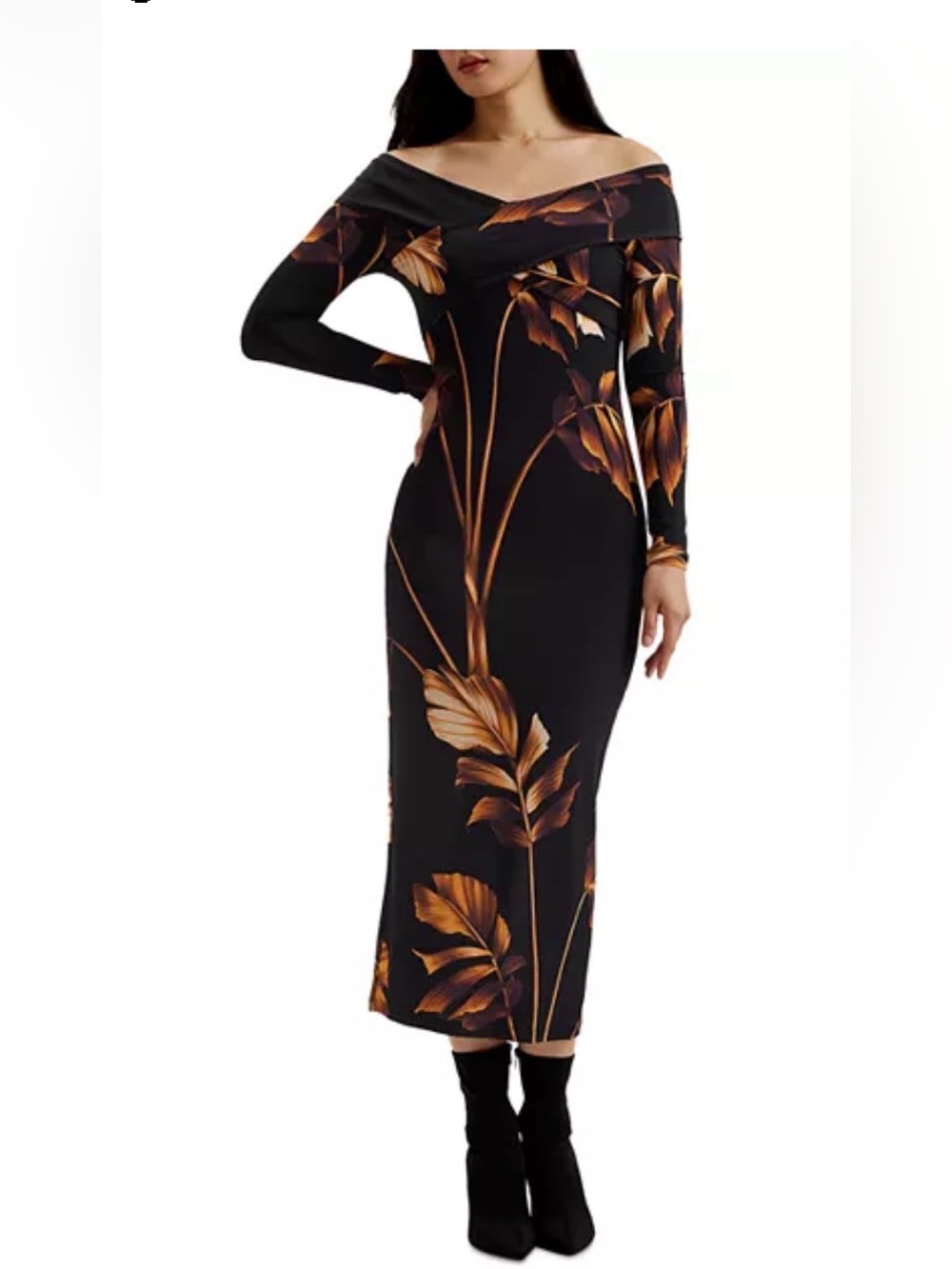 Ted Baker Black Off-Shoulder Midi Dress with Bronze Leaf Print